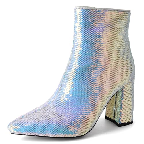Lizoleor Glitzer Blockabsatz Pointed Toe Bridal Damen Stiefeletten Side Reißverschluss Höhe Ferse Shiny Abend Kurz Kleid Stiefeletten Blau-Dl Gr 41 EU/43Cn von Lizoleor