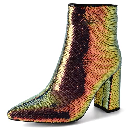 Lizoleor Glitzer Blockabsatz Pointed Toe Bridal Damen Stiefeletten Side Reißverschluss Höhe Ferse Shiny Abend Kurz Kleid Stiefeletten Gelb-Rl Gr 37 EU/38Cn von Lizoleor