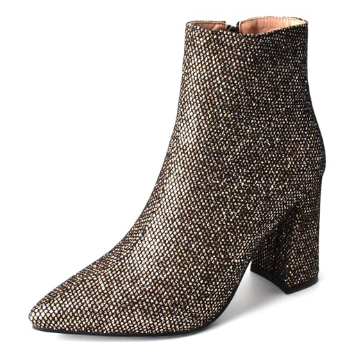 Lizoleor Glitzer Blockabsatz Pointed Toe Bridal Damen Stiefeletten Side Reißverschluss Höhe Ferse Shiny Abend Kurz Kleid Stiefeletten Gold-Dl Gr 37 EU/38Cn von Lizoleor