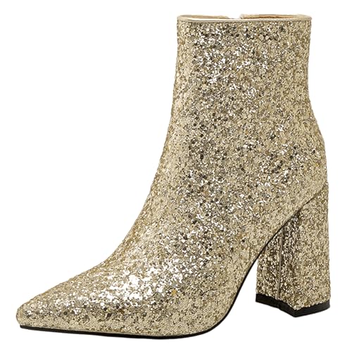 Lizoleor Glitzer Blockabsatz Pointed Toe Bridal Damen Stiefeletten Side Reißverschluss Höhe Ferse Shiny Abend Kurz Kleid Stiefeletten Gold-Rl Gr 35 EU von Lizoleor