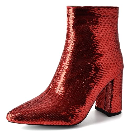 Lizoleor Glitzer Blockabsatz Pointed Toe Bridal Damen Stiefeletten Side Reißverschluss Höhe Ferse Shiny Abend Kurz Kleid Stiefeletten Rot-Rl Gr 35 EU von Lizoleor