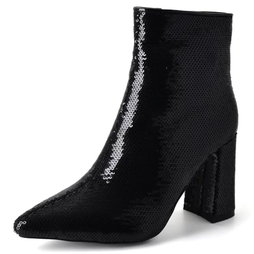Lizoleor Glitzer Blockabsatz Pointed Toe Bridal Damen Stiefeletten Side Reißverschluss Höhe Ferse Shiny Abend Kurz Kleid Stiefeletten Schwarz-Dl Gr 36 EU von Lizoleor