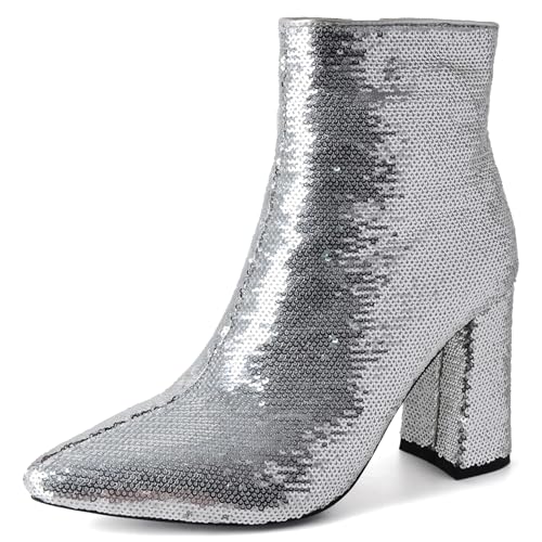 Lizoleor Glitzer Blockabsatz Pointed Toe Bridal Damen Stiefeletten Side Reißverschluss Höhe Ferse Shiny Abend Kurz Kleid Stiefeletten Silber-Rl Gr 35 EU von Lizoleor