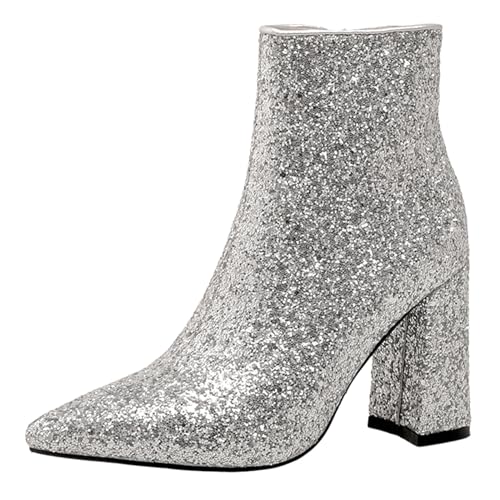 Lizoleor Glitzer Blockabsatz Pointed Toe Bridal Damen Stiefeletten Side Reißverschluss Höhe Ferse Shiny Abend Kurz Kleid Stiefeletten Silber-Rl Gr 40.5 EU/42Cn von Lizoleor