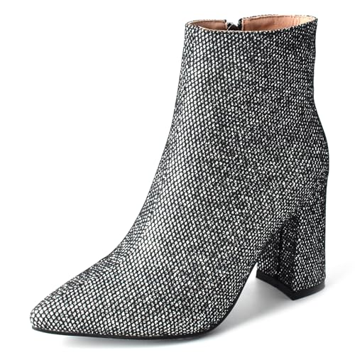 Lizoleor Glitzer Blockabsatz Pointed Toe Bridal Damen Stiefeletten Side Reißverschluss Höhe Ferse Shiny Abend Kurz Kleid Stiefeletten Silber-Rl Gr 41 EU/43Cn von Lizoleor