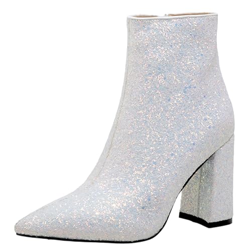 Lizoleor Glitzer Blockabsatz Pointed Toe Bridal Damen Stiefeletten Side Reißverschluss Höhe Ferse Shiny Abend Kurz Kleid Stiefeletten Weiß-Dl Gr 38 EU/39Cn von Lizoleor