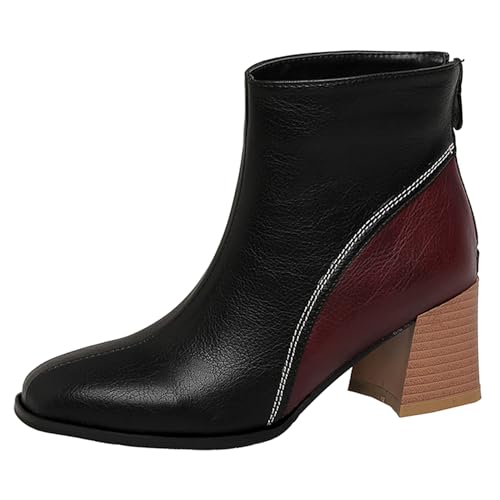 Lizoleor High Blockabsatz Back Reißverschluss Square Toe Damen Stiefeletten Mixed Color Splicing Retro Weit Fit Herbst Arbeit Stiefeletten Schwarz Gr 37 EU/38Cn von Lizoleor