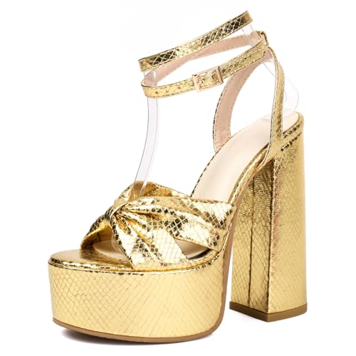 Lizoleor High Blockabsatz Peep Toe Plateau Strappy Damen Sandalen Hochzeit Knöchelriemchen Stylish Glitzer Slingback Sommer Gold Gr 33 Eu von Lizoleor