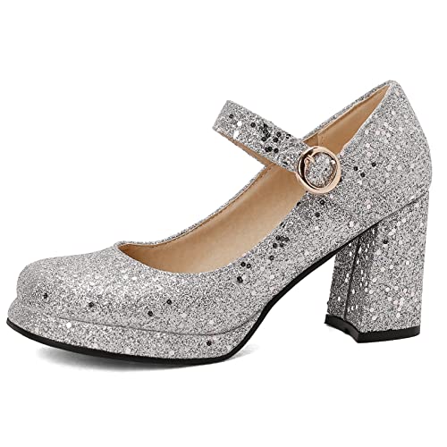 Lizoleor Hochzeit Blockabsatz Mary Jane Bride Runde Zehen Sequins Plateau Schuhe Komfort Prom Höhe Ferse Pumps Party Prom Silber Gr 37 EU/38Cn von Lizoleor