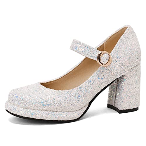 Lizoleor Hochzeit Blockabsatz Mary Jane Bride Runde Zehen Sequins Plateau Schuhe Komfort Prom Höhe Ferse Pumps Party Prom Weiß Gr 36 EU von Lizoleor