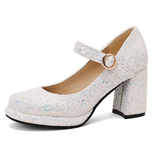 Lizoleor Hochzeit Blockabsatz Mary Jane Bride Runde Zehen Sequins Plateau Schuhe Komfort Prom Höhe Ferse Pumps Party Prom Weiß Gr 41 EU/43Cn von Lizoleor