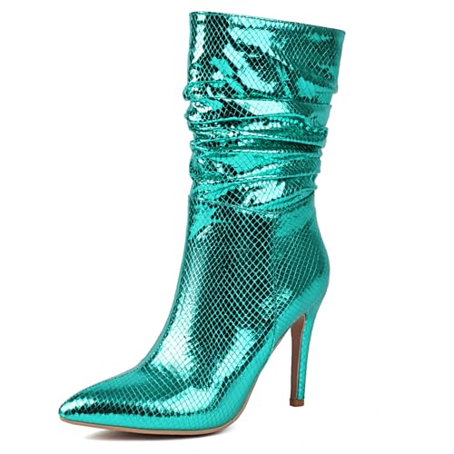 Lizoleor Hochzeit Pointed Toe Stiletto Damen Lockere Stiefel Shiny Glitzer Ohne Verschluss Pleated Ankle High Anzugstiefel Grün Gr 36 EU von Lizoleor