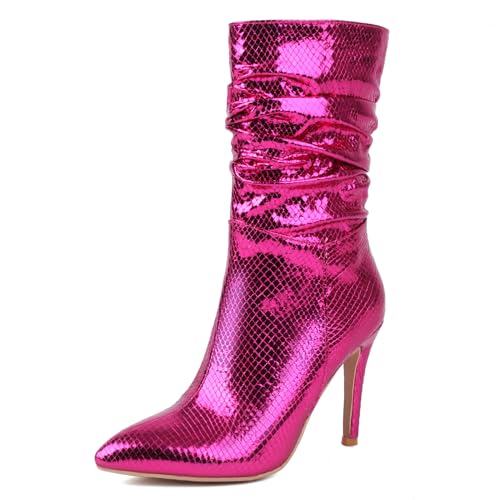 Lizoleor Hochzeit Pointed Toe Stiletto Damen Lockere Stiefel Shiny Glitzer Ohne Verschluss Pleated Ankle High Anzugstiefel Rose Gr 38 EU/39Cn von Lizoleor
