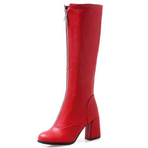 Lizoleor Höhe Ferse Front Reißverschluss Runde Zehen Damen Knee Hohe Stiefel Blockabsatz Solid Color Leisure Long Reitstiefel Rot Gr 44 EU/46Cn von Lizoleor