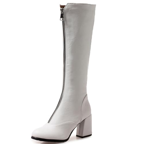 Lizoleor Höhe Ferse Front Reißverschluss Runde Zehen Damen Knee Hohe Stiefel Blockabsatz Solid Color Leisure Long Reitstiefel Weiß Gr 43 EU/45Cn von Lizoleor