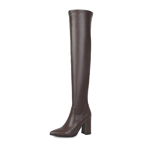 Lizoleor Höhe Ferse Pointed Toe Side Reißverschluss Damen Stretch Stiefel Blockabsatz Elegant Solid Color Herbst Winter Overknees Stiefel Braun-Dl Gr 40 EU/41Cn von Lizoleor