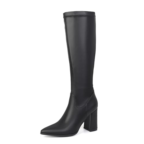 Lizoleor Höhe Ferse Pointed Toe Side Reißverschluss Damen Stretch Stiefel Blockabsatz Elegant Solid Color Herbst Winter Overknees Stiefel Schwarz-Dl Gr 40 EU/41Cn von Lizoleor