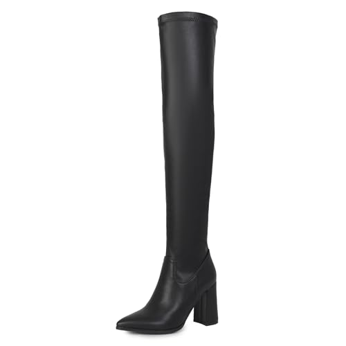 Lizoleor Höhe Ferse Pointed Toe Side Reißverschluss Damen Stretch Stiefel Blockabsatz Elegant Solid Color Herbst Winter Overknees Stiefel Schwarz-Rl Gr 37 EU/38Cn von Lizoleor