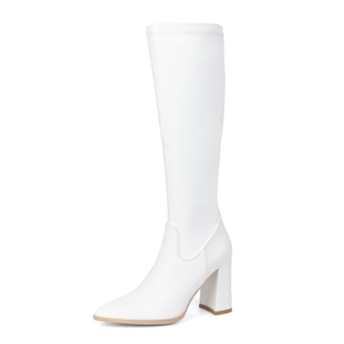 Lizoleor Höhe Ferse Pointed Toe Side Reißverschluss Damen Stretch Stiefel Blockabsatz Elegant Solid Color Herbst Winter Overknees Stiefel Weiß-Dl Gr 41 EU/43Cn von Lizoleor