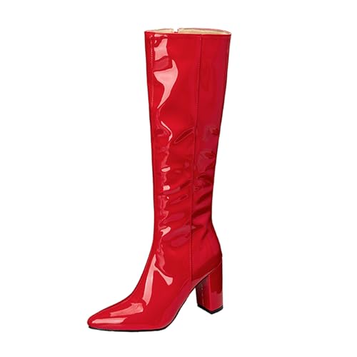 Lizoleor Höhe Ferse Side Reißverschluss Pointed Toe Damen Knee Anzugstiefel Blockabsatz Sweet Lack Hochzeit Solid Color Splicing Winter Rot Gr 32 EU von Lizoleor