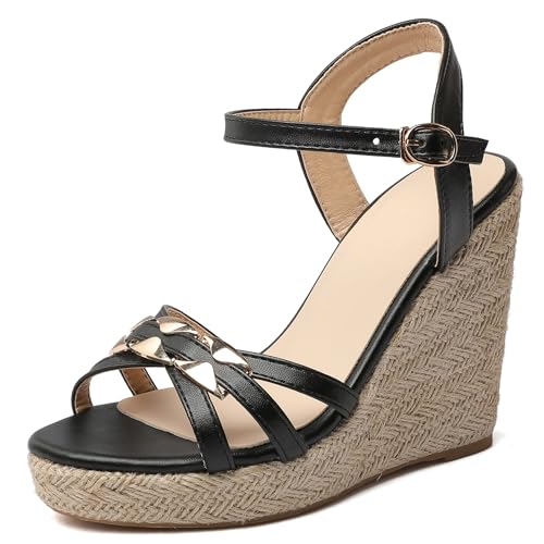 Lizoleor Keilabsatz Espadrille Plateau Damen Römersandalens Runde Zehen Super Höhe Ferse Schnalle Slingback Knöchelriemchen Schwarz Gr 44 EU/46Cn von Lizoleor