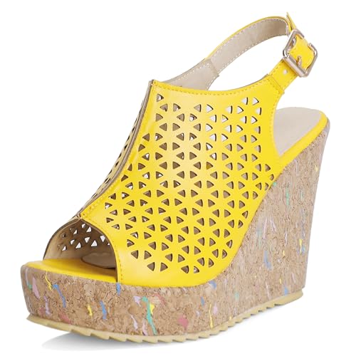 Lizoleor Keilabsatz Peep Toe Plateau Klassische Damen Römersandalens Runde Zehen Slingback Schnalle Retro Solid Color Mode Gelb Gr 34 EU von Lizoleor