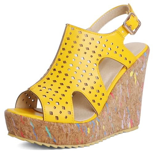 Lizoleor Keilabsatz Peep Toe Plateau Klassische Damen Römersandalens Runde Zehen Slingback Schnalle Retro Solid Color Mode Gelb Gr 36.5 EU/37Cn von Lizoleor