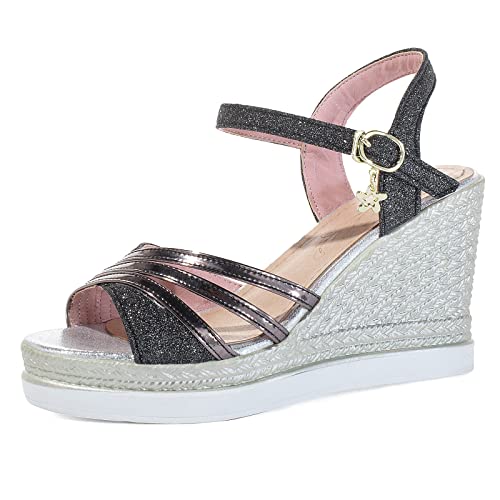 Lizoleor Keilabsatz Plateau Peep Toe Slingback Damen Sandalen Glitzer Knöchelriemchen Reißverschluss Bogen Hochzeit Party Schuhe Schwarz Gr 34 Eu von Lizoleor