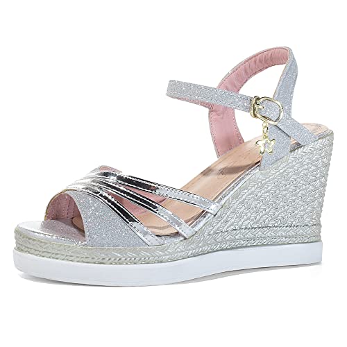 Lizoleor Keilabsatz Plateau Peep Toe Slingback Damen Sandalen Glitzer Knöchelriemchen Reißverschluss Bogen Hochzeit Party Schuhe Silber Gr 34 Eu von Lizoleor