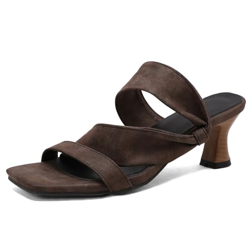 Lizoleor Kitten Heel Offene Zeh Damen Draußen Pantoletten Pantoffeln Square Toe Weit Fit Denim Quasten Mitte Absatz Komfort Braun Gr 43 EU/45Cn von Lizoleor