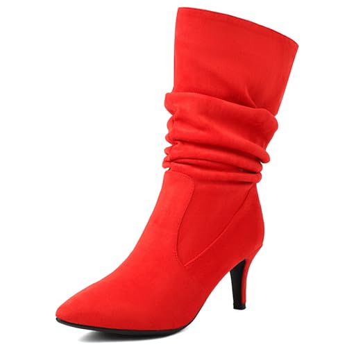 Lizoleor Kitten Heel Pointed Toe Damänner Ankle High Slouch Stiefel Shiny Hochzeit Party Wildleder Denim Ohne Verschluss Kleid Boots Rot Gr 39 EU/40Cn von Lizoleor