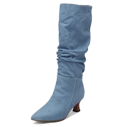 Lizoleor Kitten Heel Pointed Toe Damänner Slouch Stiefel Ohne Verschluss Mode Mid Goblet Heel Concise Komfort Knee Hohe Stiefel Blau Gr 39 EU/40Cn von Lizoleor