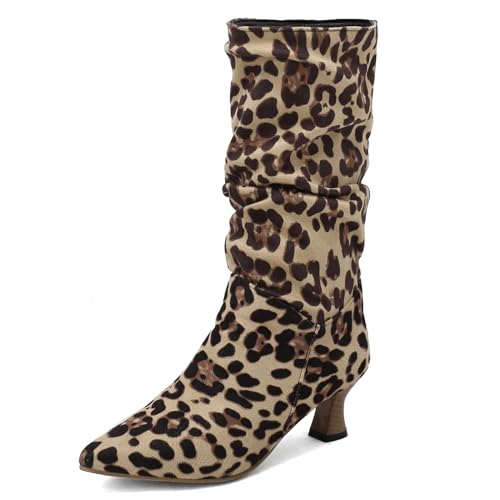 Lizoleor Kitten Heel Pointed Toe Damänner Slouch Stiefel Ohne Verschluss Mode Mid Goblet Heel Concise Komfort Knee Hohe Stiefel Leopard Gr 40 EU/41Cn von Lizoleor
