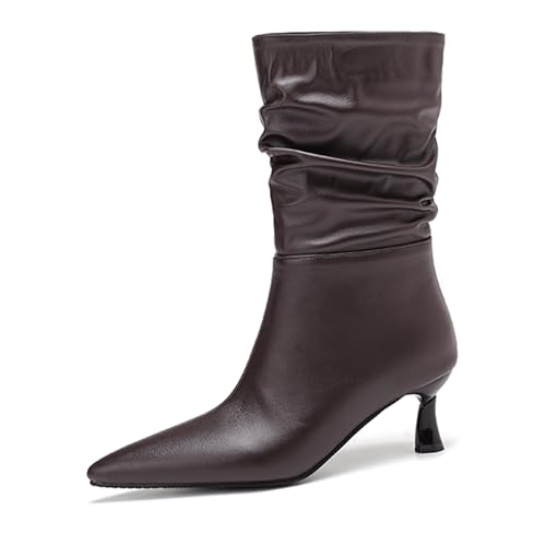 Lizoleor Kitten Heel Pointed Toe Pleated Damen Stiefeletten Elegant Party Ohne Verschluss Concise Winter Kurz Lockere Stiefel Braun Gr 36.5 EU/37Cn von Lizoleor