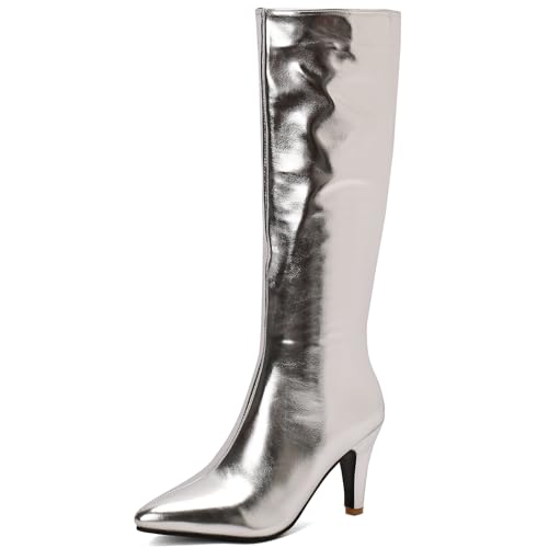 Lizoleor Kitten Heel Pointed Toe Shiny Damänner Knee Hohe Stiefel Höhe Ferse Seitlicher Reißverschluss Mode Party Hochzeit Kleid Boots Silber Gr 39 EU/40Cn von Lizoleor
