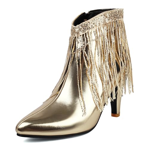 Lizoleor Kitten Heel Pointed Toe Side Reißverschluss Damen Fransen Stiefel Höhe Ferse Shiny Elegant Hochzeit Kleid Stiefeletten Gold Gr 45 EU/47Cn von Lizoleor