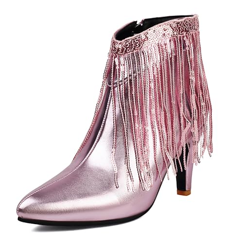 Lizoleor Kitten Heel Pointed Toe Side Reißverschluss Damen Fransen Stiefel Höhe Ferse Shiny Elegant Hochzeit Kleid Stiefeletten Pink Gr 43 EU/45Cn von Lizoleor