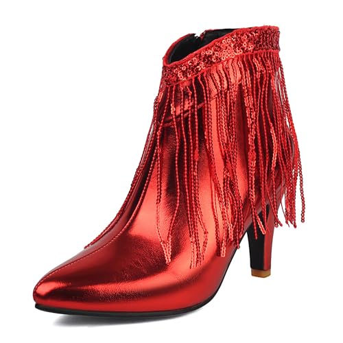 Lizoleor Kitten Heel Pointed Toe Side Reißverschluss Damen Fransen Stiefel Höhe Ferse Shiny Elegant Hochzeit Kleid Stiefeletten Rot Gr 35 EU von Lizoleor