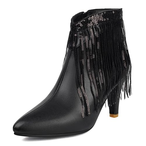 Lizoleor Kitten Heel Pointed Toe Side Reißverschluss Damen Fransen Stiefel Höhe Ferse Shiny Elegant Hochzeit Kleid Stiefeletten Schwarz Gr 36 EU von Lizoleor