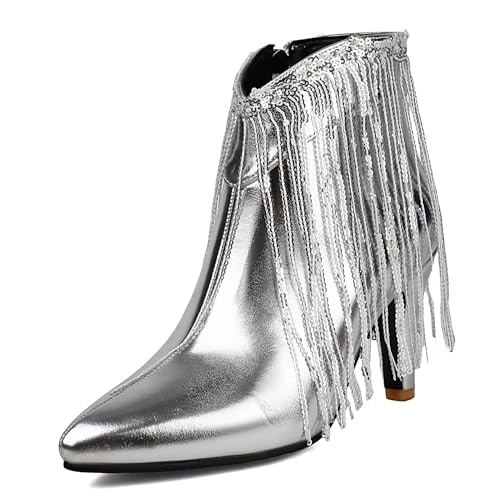 Lizoleor Kitten Heel Pointed Toe Side Reißverschluss Damen Fransen Stiefel Höhe Ferse Shiny Elegant Hochzeit Kleid Stiefeletten Silber Gr 38 EU/39Cn von Lizoleor
