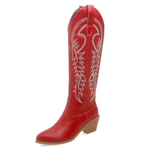 Lizoleor Klassische Bestickt Chunky Heel Damen Long Cowboystiefel Ohne Verschluss Pointed Toe Mode Mitte Absatz Reitstiefel Rot Gr 45 EU/47Cn Lizoleor Klassische Bestickt Chunky Heel Damen Long Cowboystiefel Ohne Verschluss Pointed Toe Mode Mitte Absatz Reitstiefel Rot Gr 45 EU/47Cn von Lizoleor
