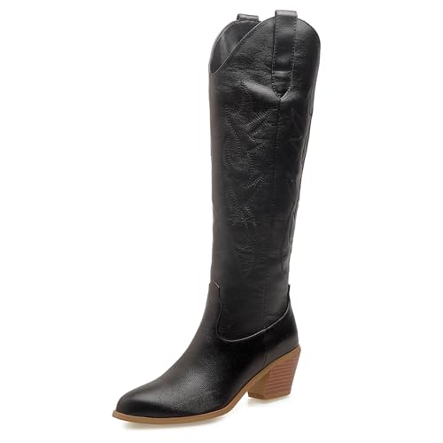 Lizoleor Klassische Bestickt Chunky Heel Damen Long Cowboystiefel Ohne Verschluss Pointed Toe Mode Mitte Absatz Reitstiefel Schwarz Gr 40 EU/41Cn von Lizoleor