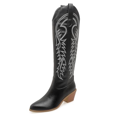 Lizoleor Klassische Bestickt Chunky Heel Damen Long Cowboystiefel Ohne Verschluss Pointed Toe Mode Mitte Absatz Reitstiefel Schwarz Gr 48 EU/50Cn von Lizoleor