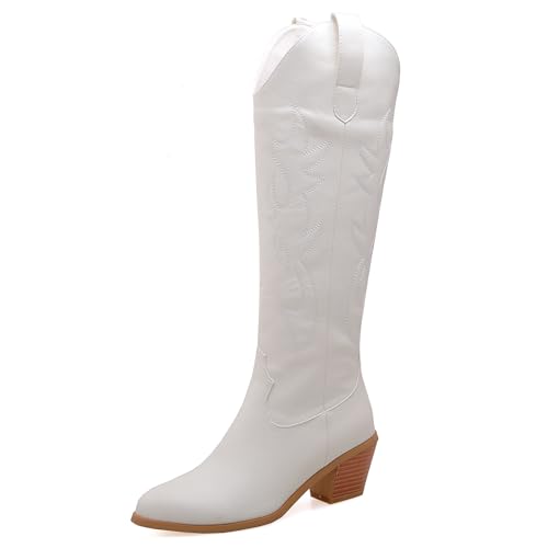 Lizoleor Klassische Bestickt Chunky Heel Damen Long Cowboystiefel Ohne Verschluss Pointed Toe Mode Mitte Absatz Reitstiefel Weiß Gr 36.5 EU/37Cn von Lizoleor
