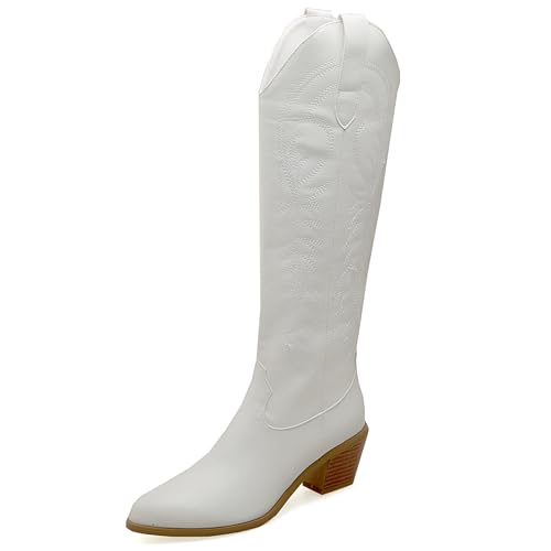 Lizoleor Klassische Bestickt Chunky Heel Damen Long Cowboystiefel Ohne Verschluss Pointed Toe Mode Mitte Absatz Reitstiefel Weiß Gr 40.5 EU/42Cn von Lizoleor