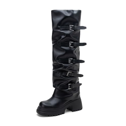 Lizoleor Klassische Blockabsatz Plateau Ohne Verschluss Damen Knee Stiefel Runde Zehen Knöchelbündchen Punk Reißverschluss Personality Long Reitstiefel Schwarz Gr 40 EU/41Cn von Lizoleor