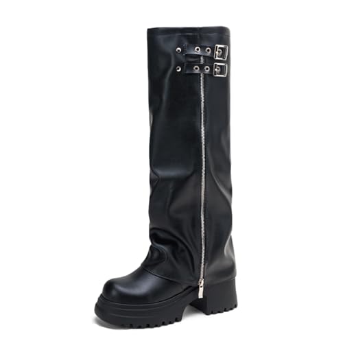 Lizoleor Klassische Blockabsatz Plateau Ohne Verschluss Damen Knee Stiefel Runde Zehen Knöchelbündchen Punk Reißverschluss Personality Long Reitstiefel Schwarz Gr 42 EU/44Cn von Lizoleor
