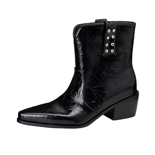 Lizoleor Klassische Chunky Heel Ohne Verschluss Pointed Toe Damen Reitstiefel Retro Knöchelbündchen Komfort Mitte Blockabsatz Cowboystiefel Schwarz Gr 40.5 EU/42Cn von Lizoleor