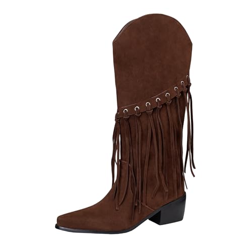 Lizoleor Klassische Chunky Heel Pointed Toe Wildleder Damen Fransen Stiefel Ohne Verschluss Leisure Solid Color Mode Concise Cowboystiefel Braun Gr 44 EU/46Cn von Lizoleor