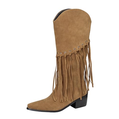 Lizoleor Klassische Chunky Heel Pointed Toe Wildleder Damen Fransen Stiefel Ohne Verschluss Leisure Solid Color Mode Concise Cowboystiefel Khaki Gr 34 EU von Lizoleor